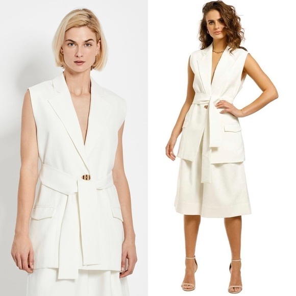 NICHOLAS Ivory Sleeveless Single Breasted Belted Tie Waist Tunic Jacket Vest 4 - Picture 2 of 15